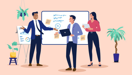 Poster - Three business professionals working in an office, with two engaging in a discussion by a whiteboard with sticky notes and one using a laptop. Flat design vector illustration