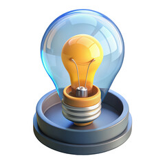 Poster - Bright yellow light bulb icon 3d render illustration blue glass creative idea innovation design concept technology symbol digital graphic element background isolated object on transparent background