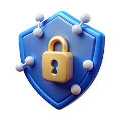 Poster - Secure network protection digital shield icon gold padlock 3d rendering modern technology safe data privacy internet security cybersecurity concept abstract blue background on transparent background