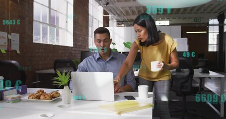 Poster - Business worker pausing typing as female colleague pointing laptop and revealing data spikes