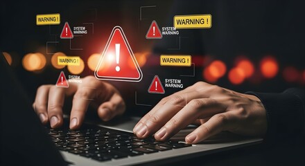 Poster - Male hands typing on a laptop with system warning and critical error pop-up notifications for cybersecurity risk and fraud alert concept.