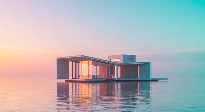 Dreamy Sunset Design 3D Illustration of a Modern Floating House