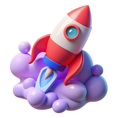 Poster - Cartoon red rocket ship launching through purple clouds colorful 3d render illustration startup success innovation technology digital art graphic design element space on transparent background bold