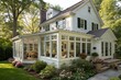 © shahjalal - Traditional white suburban house with sunroom addition, bright natural light, classic architecture, elegant design, peaceful garden view, serene yard, and comfortable, relaxing residential living atmo
