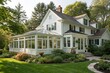 © shahjalal - Traditional white suburban house with sunroom addition, bright natural light, classic architecture, elegant design, peaceful garden view, serene yard, and comfortable, relaxing residential living atmo