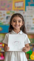 Poster - Proud kindergarten student smiling and showing her drawing of a puppy in a colorful classroom, enjoying art class and early childhood education