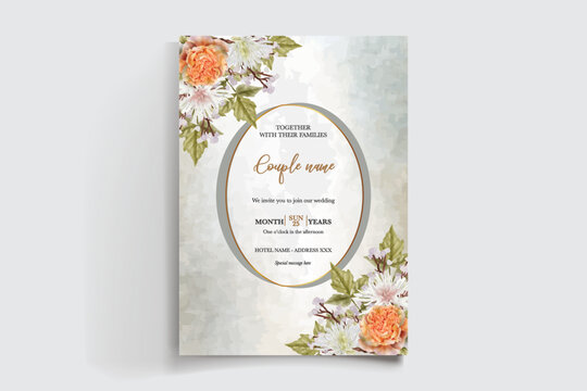 WEDDING INVITATION FRAME WITH FLOWER DECORATIONS AND FRESH LEAVES