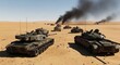 © MAHDI - A convoy of military tanks advances across a vast desert landscape, smoke billowing from a distant conflict.