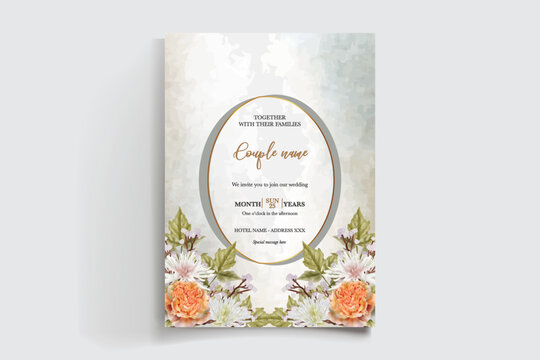 WEDDING INVITATION FRAME WITH FLOWER DECORATIONS AND FRESH LEAVES