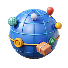 Poster - Global delivery service colorful 3d rendered globe illustration showing international shipping and travel concepts around the world with various icons representing different on transparent background