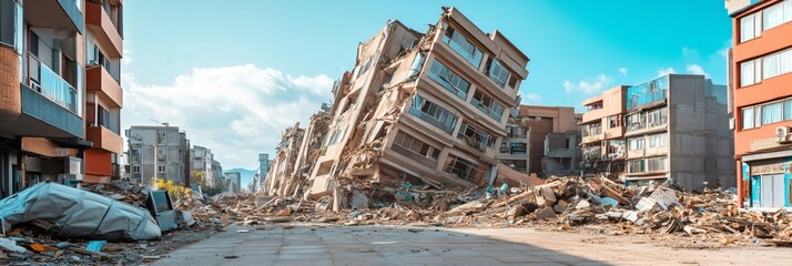 Poster - Devastating earthquake causing building collapse and widespread destruction in a city, highlighting the powerful impact of seismic waves and the urgent need for disaster relief and preparedness