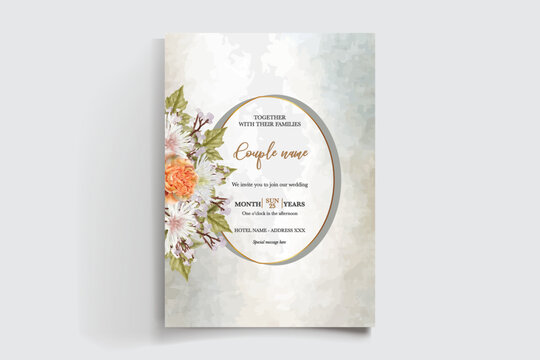 WEDDING INVITATION FRAME WITH FLOWER DECORATIONS AND FRESH LEAVES