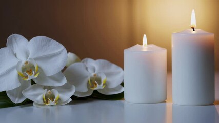 Aufkleber - Pristine white orchids resting beside glowing white candles on reflective surface, emanating tranquil spa wellness environment with soft, calming meditation ambiance