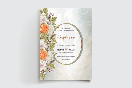 WEDDING INVITATION FRAME WITH FLOWER DECORATIONS AND FRESH LEAVES