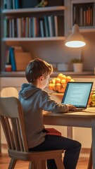 Aufkleber - Elementary school student concentrating on his homework, using a laptop at home in a cozy and well lit environment, surrounded by books and fruits