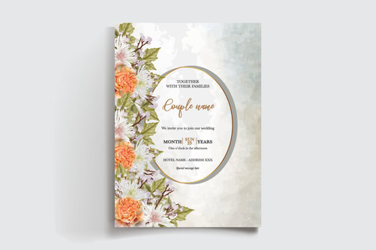 WEDDING INVITATION FRAME WITH FLOWER DECORATIONS AND FRESH LEAVES