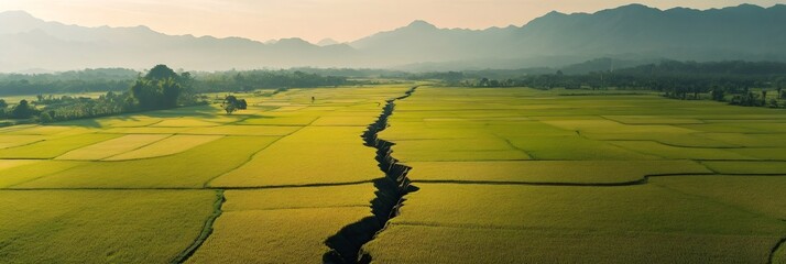 Poster - Aerial panorama revealing deep earthquake induced fissure splitting verdant rice terraces, demonstrating destructive geological impact on agricultural landscape