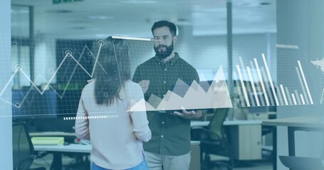Poster - Team holding laptop starting business line graph shifting into bar chart with world map overlay