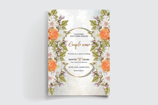 WEDDING INVITATION FRAME WITH FLOWER DECORATIONS AND FRESH LEAVES