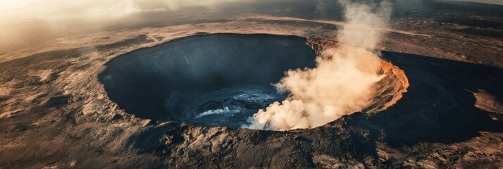 Poster - Aerial view of an active volcano emitting smoke and ash, creating a dramatic scene of natural power and geological activity during its eruption