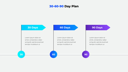 Poster - Professional 30-60-90 day plan infographic for presenting structured goals, aligned objectives, and clear strategies in business or career contexts, using colorful arrows and concise layouts