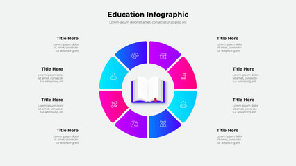 Fototapete - Detailed infographic design featuring a circular layout with educational icons and 8 segments. Perfect for academic presentations and data visualization. Central focus is a book depiction