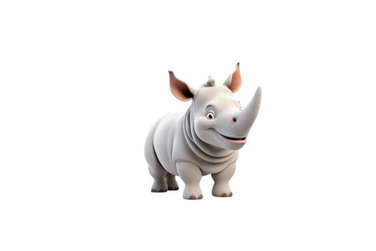 A cute cartoon rhinoceros, light gray with a friendly smile, stands against a transparent background. background removed