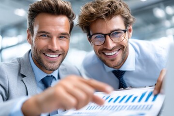 Poster - Two professionals discussing business trends in a modern office setting during the day