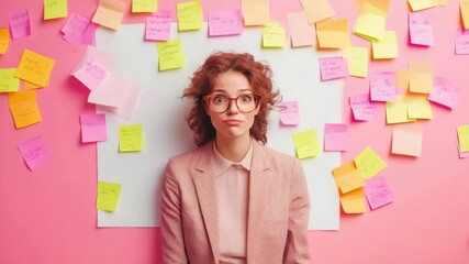 Poster - Stressed project manager looking surprised at colorful sticky notes and white board hanging on pink wall in office, having many tasks and deadlines