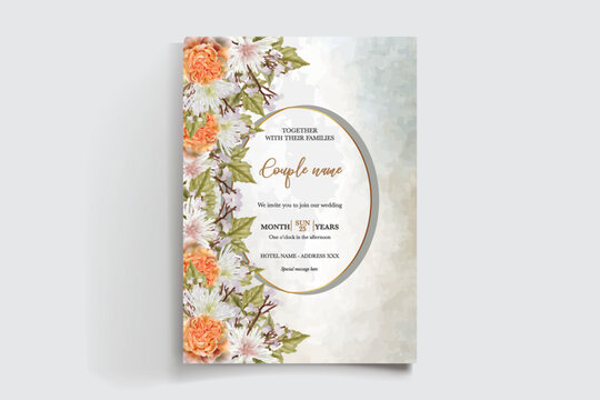 WEDDING INVITATION FRAME WITH FLOWER DECORATIONS AND FRESH LEAVES
