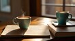 © Nimra - Warm cup of coffee steams next to an open book in the morning sunlight, inviting you to enjoy a moment of reading.