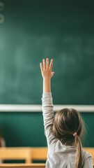 Poster - Elementary school student raising hand to answer teacher's question during class lesson, showing active participation and eagerness to learn in educational environment