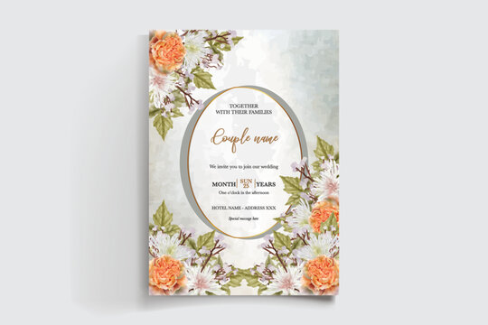 WEDDING INVITATION FRAME WITH FLOWER DECORATIONS AND FRESH LEAVES