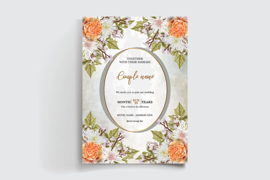 WEDDING INVITATION FRAME WITH FLOWER DECORATIONS AND FRESH LEAVES