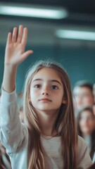 Poster - Elementary school student raising her hand enthusiastically, eager to answer a question during class, demonstrating active engagement and participation in the learning environment