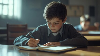 Poster - Focused young pupil writing on notebook during class lesson in elementary school, learning and studying with concentration, back to school concept