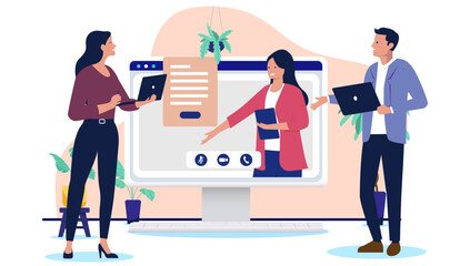 Poster - Three business professionals in an online video meeting presentation, with a woman presenting documents on a large computer screen, while colleagues work on laptops. Flat design vector illustration