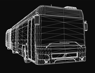 Poster - A 3D wireframe model of a long bus, showcasing its detailed structure and design on a sleek black background. The transparent mesh highlights the vehicle's contours, wheels, and overall.