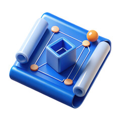 Aufkleber - Abstract 3d render of blue cube network with orange spheres connected by lines on a blue surface with cylindrical elements stylish modern technology digital network data on transparent background art