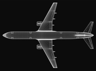 Poster - A 3D wireframe model of an airplane, showcasing detailed structural features against a sleek black background. The transparent mesh design highlights the aircraft's aerodynamic shape, wings