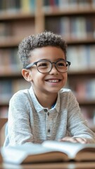 Aufkleber - Happy young pupil wearing eyeglasses smiling and reading a book while sitting at a desk in a school library, surrounded by bookshelves full of books, enjoying his education