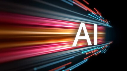 Poster - Dynamic abstract illustration featuring vibrant streaks of color radiating from the center, highlighting the concept of artificial intelligence with a bold 'AI' text in the foreground, symbolizing tec