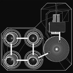 Poster - a 3d model of a nuclear power plant on a black background features a central reactor building, multi