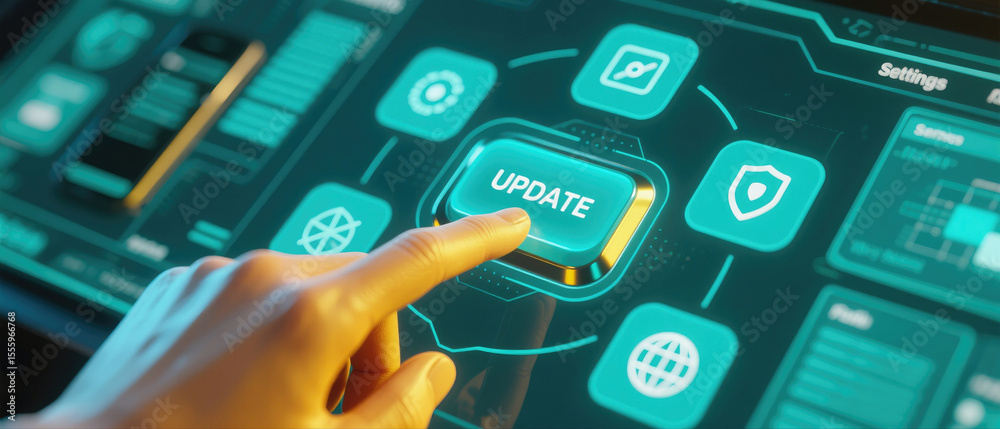 Finger pressing glowing teal update button on futuristic digital ...