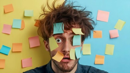 Poster - Young office worker with messy hair expresses stress and overwhelm, his face and the background covered in colorful sticky notes, symbolizing a busy and chaotic workday