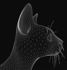 Fototapete - Wireframe cat head sits on a black background, composed of intricate lines and geometric shapes forming a detailed feline face. The design features a sleek, modern aesthetic with a digital art style