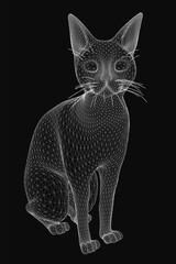 Fototapete - A black and white wireframe cat sits elegantly on a dark background, showcasing clean geometric lines and a minimalist aesthetic. The digital illustration highlights the feline's posture with precise.