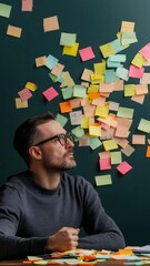 Poster - Pensive businessman is looking at colorful sticky notes on a blackboard, generating new ideas for a project, demonstrating brainstorming and problem solving in a creative office environment