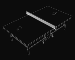 Poster - A 3D model of a ping pong table with a white net, set against a sleek black background for a clean, professional look. The table features realistic textures and sharp edges, ideal for sports