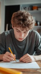 Poster - Concentrated teenage boy is carefully drawing with a pencil on a sheet of paper, sitting at a wooden table at home, possibly doing homework or pursuing a creative hobby